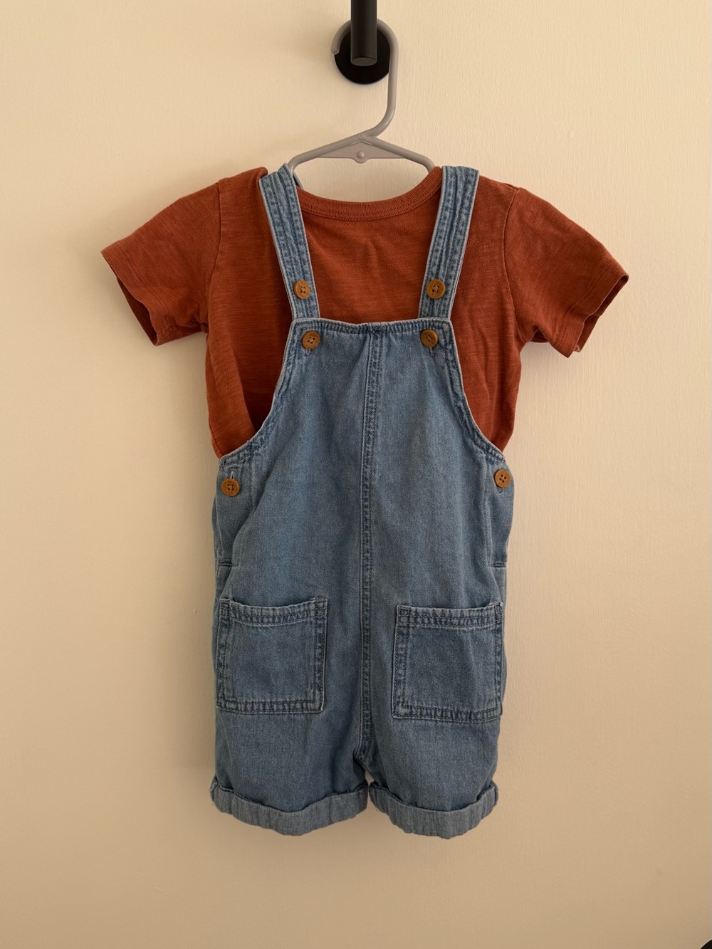 Little Co. by Lauren Conrad Denim Overall Shorts with Rust Brown Tee 2pc Set 18M